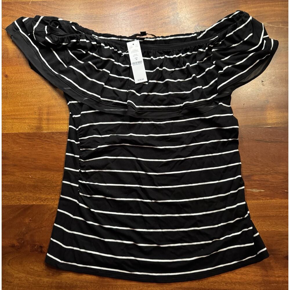 White House Black Market black white stripe off shoulder Sleeveless top Sz M NEW